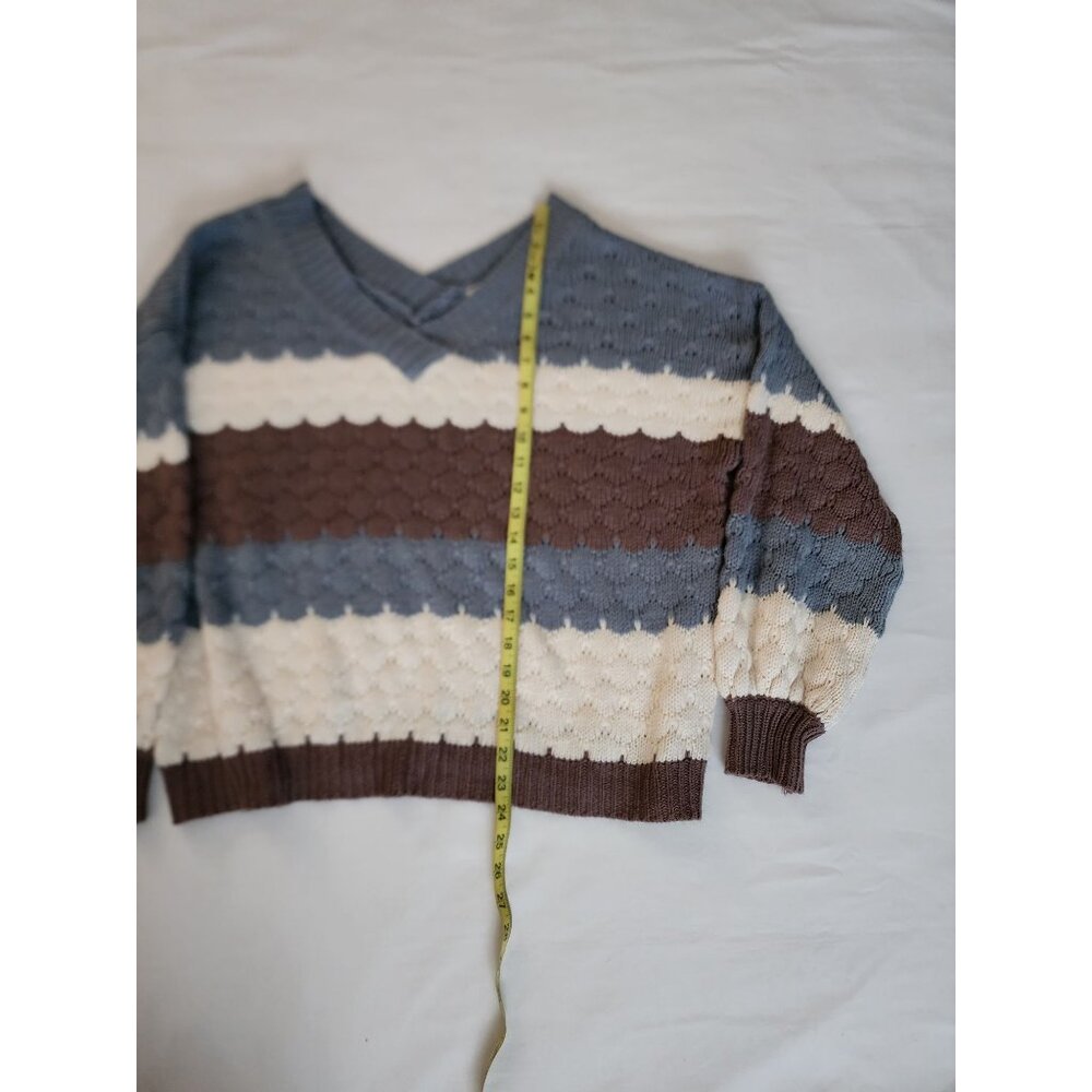 Listicle Womens Cable Knit Drop Shoulder Pullover Sweater Blue/White/Brown Small - Picture 9 of 10